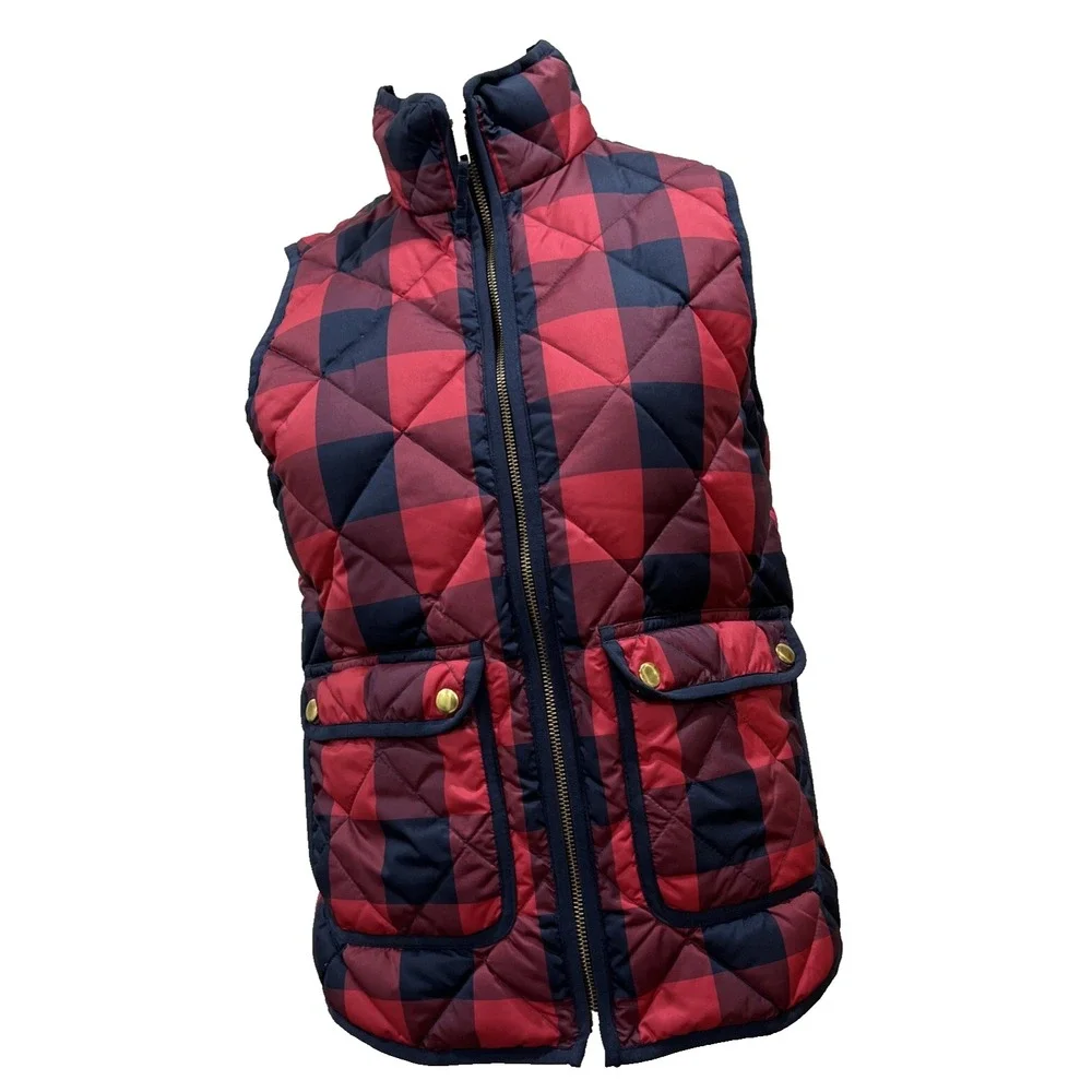 J. CREW Excursion Puffer Down Vest Tartan Buffalo Plaid Red Navy B0255  XS